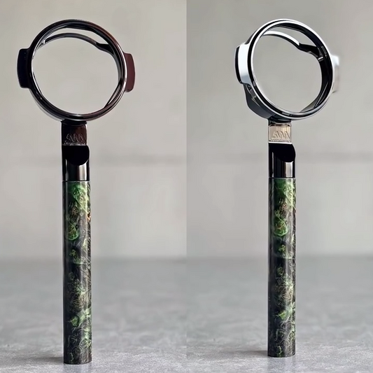 Veridian Nebula Artisan Bottomless Portafilter wood, resin, or metal material detail close-up alternate view