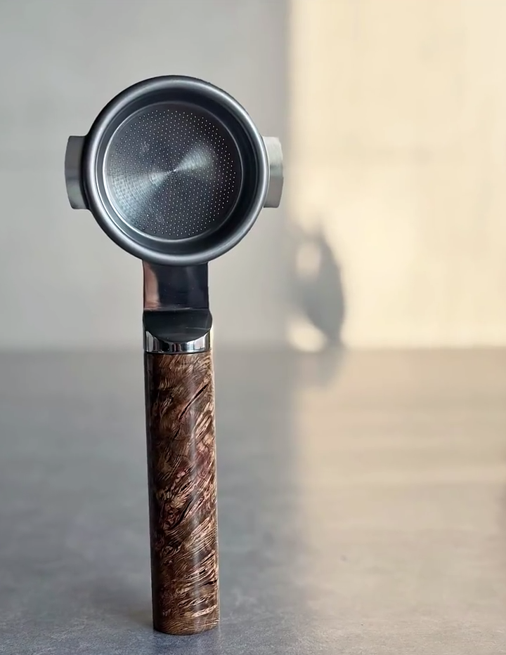 Galactic Burl Artisan Bottomless Portafilter wood, resin, or metal material detail close-up