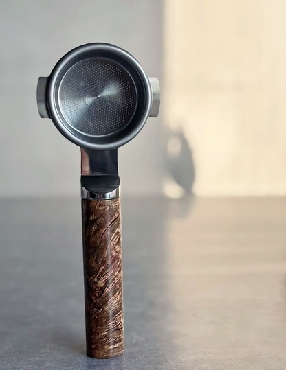 Cosmic Burl Artisan Bottomless Portafilter wood, resin, or metal material detail close-up
