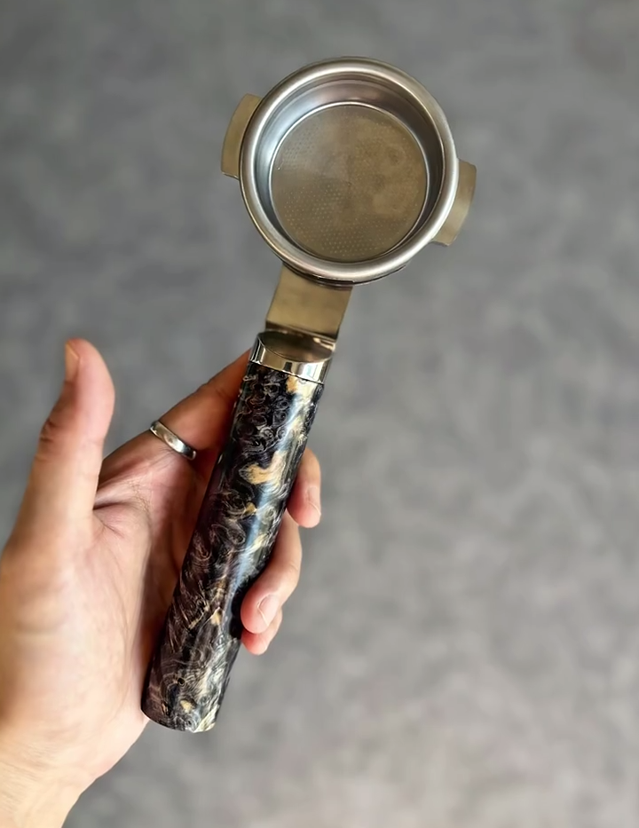 Nebula Veneer Artisan Bottomless Portafilter wood, resin, or metal material detail close-up