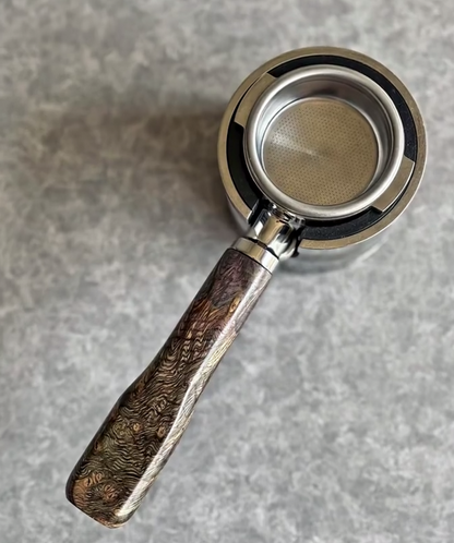 Maelstrom Artisan Bottomless Portafilter wood, resin, or metal material detail close-up