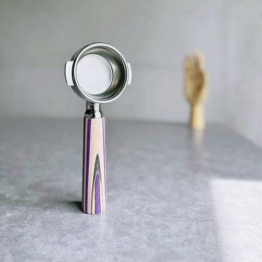 Amethyst Stripe Artisan Bottomless Portafilter wood, resin, or metal material detail close-up alternate view
