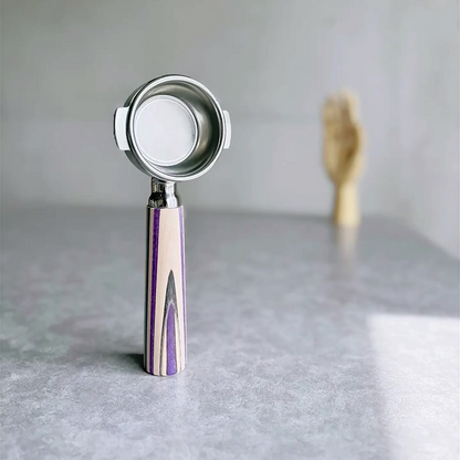 Purple Stripe Artisan Bottomless Portafilter wood, resin, or metal material detail close-up