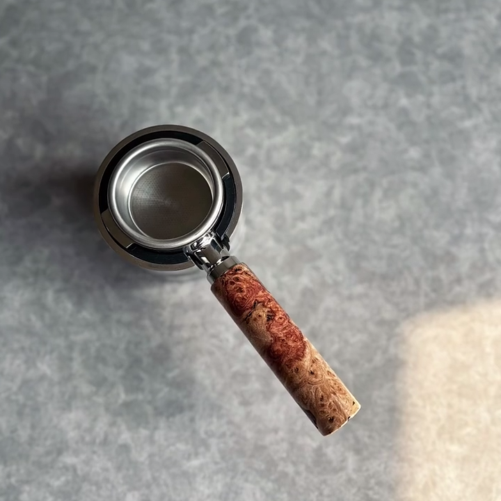 Obsidian Burl Artisan Bottomless Portafilter wood, resin, or metal material detail close-up