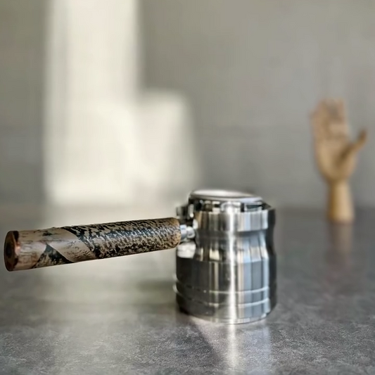 Ancient Grain Artisan Bottomless Portafilter wood, resin, or metal material detail close-up alternate view