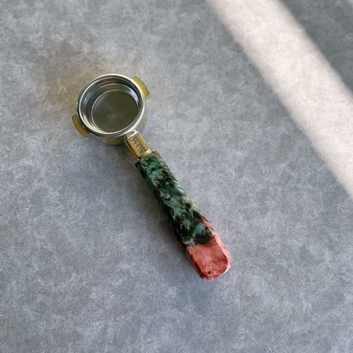 Emerald Rose Artisan Bottomless Portafilter wood, resin, or metal material detail close-up