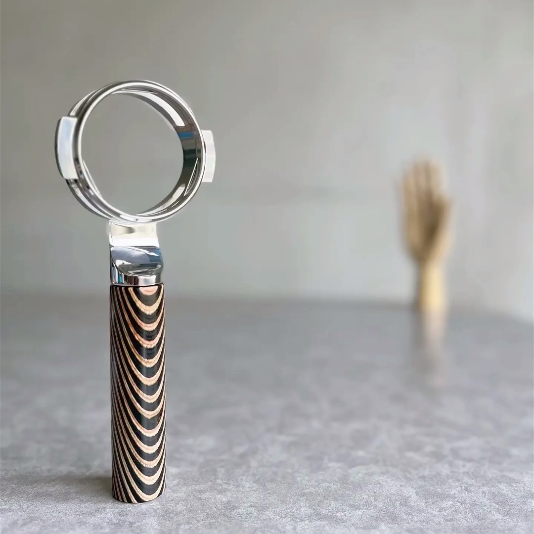 Prismatic Stripe Artisan Bottomless Portafilter alternate angle 5 for compatible espresso machine