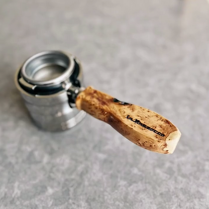 Burl Vortex Artisan Bottomless Portafilter wood, resin, or metal material detail close-up