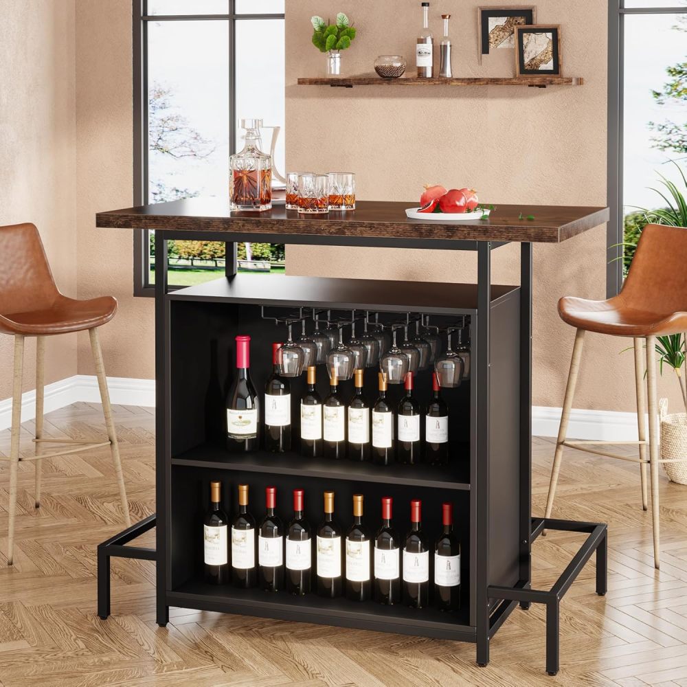 48-Inch Industrial Home Bar with 16-Glass Stemware Rack and Footrest - TimberFlare