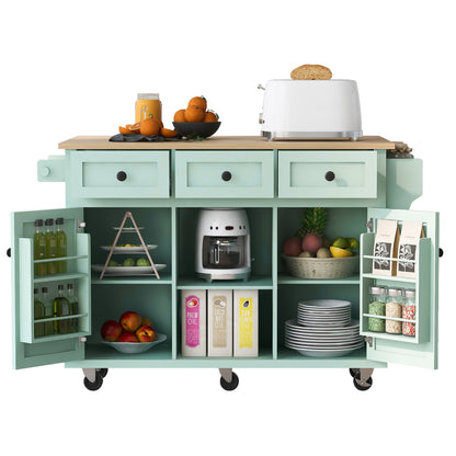 53.1″ Rolling Kitchen Island with Rubberwood Drop-Leaf Countertop - TimberFlare