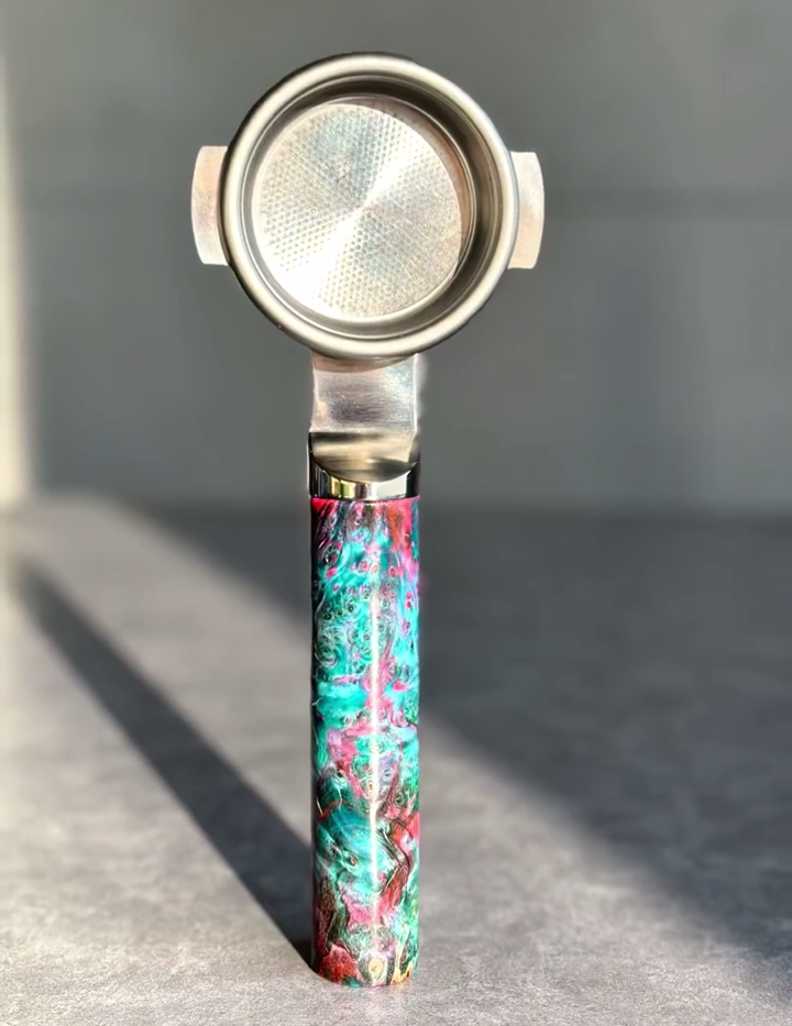 Electric Teal Burl Artisan Bottomless Portafilter for La Marzocco