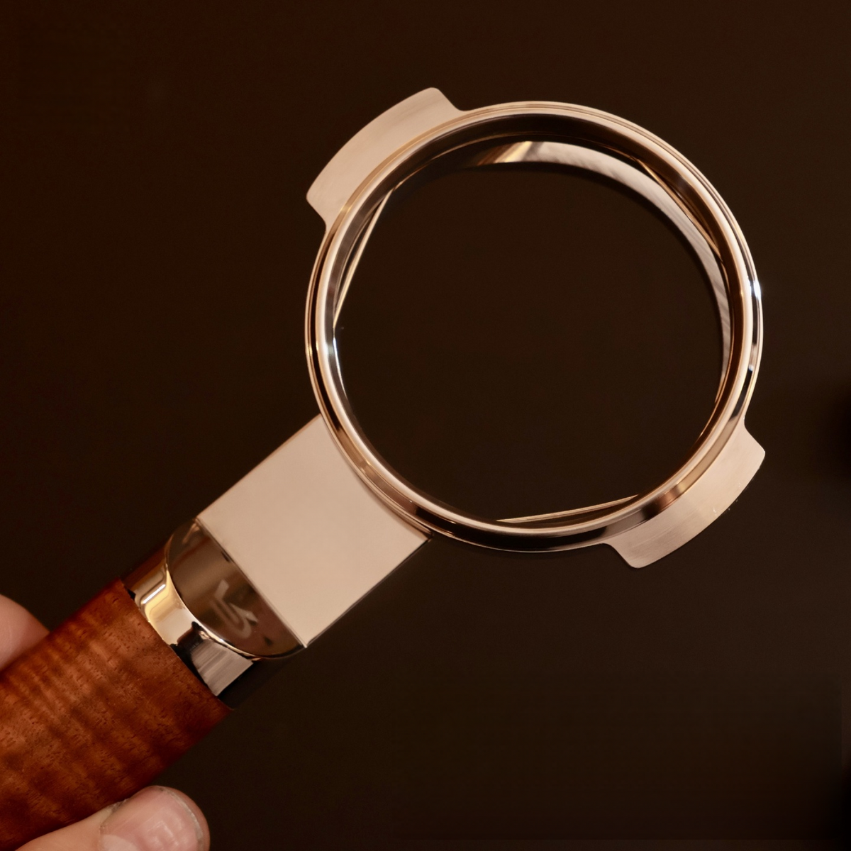 Bespoke hardwood bottomless portafilter detail