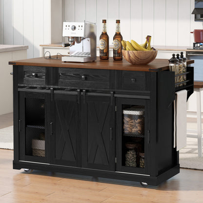 58-Inch Farmhouse Kitchen Island with Drop Leaf, Power Outlet