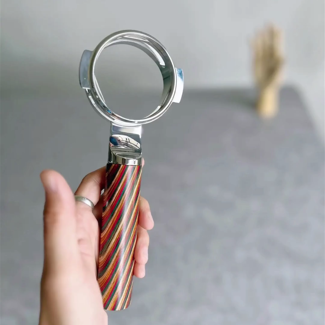 Chromatic Stripe Artisan Bottomless Portafilter wood, resin, or metal material detail close-up