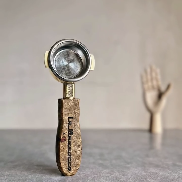 Aurora Glow Artisan Bottomless Portafilter wood, resin, or metal material detail close-up