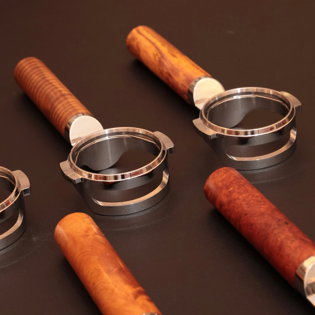 Bespoke hardwood bottomless portafilter detail
