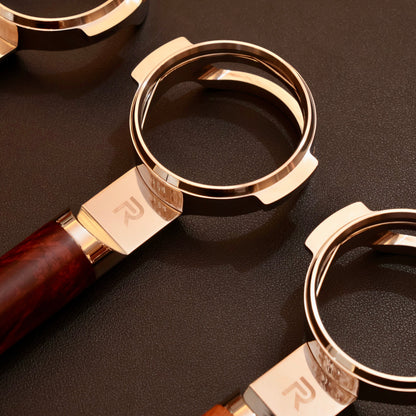 Bespoke hardwood bottomless portafilter detail