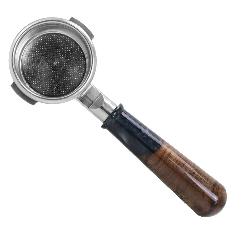 1-of-1 Artisan Hybrid Burl & Resin Bottomless Portafilter alternate angle 5 for compatible espresso machine
