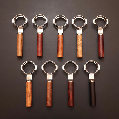 Bespoke hardwood bottomless portafilter handles in nine wood options