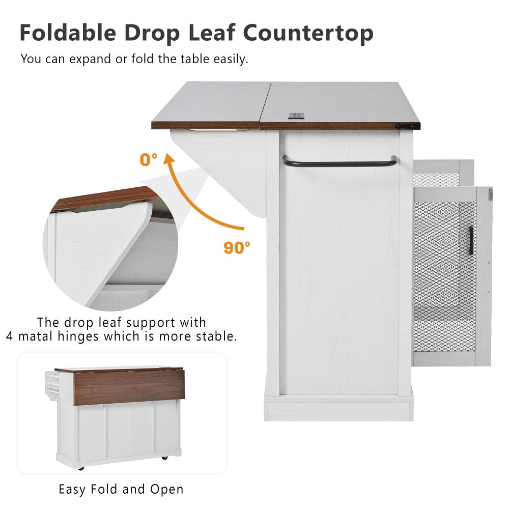 58-Inch Farmhouse Kitchen Island with Drop Leaf, Power Outlet