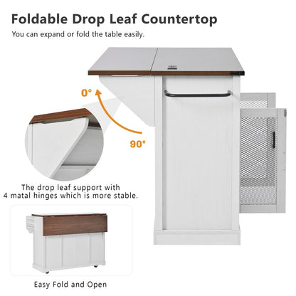 58-Inch Farmhouse Kitchen Island with Drop Leaf, Power Outlet