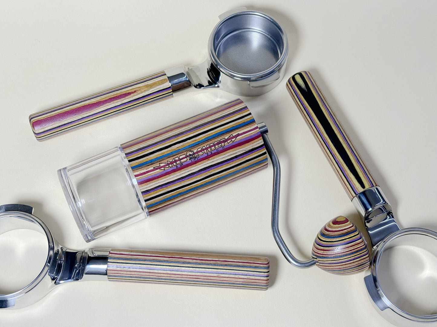 Rainbow-wood Bottomless Portafilter + Hand Grinder | La Marzocco 58mm