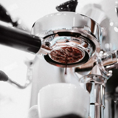 1-of-1 Artisan Hybrid Burl & Resin Bottomless Portafilter paired with compatible espresso machine espresso machine setup