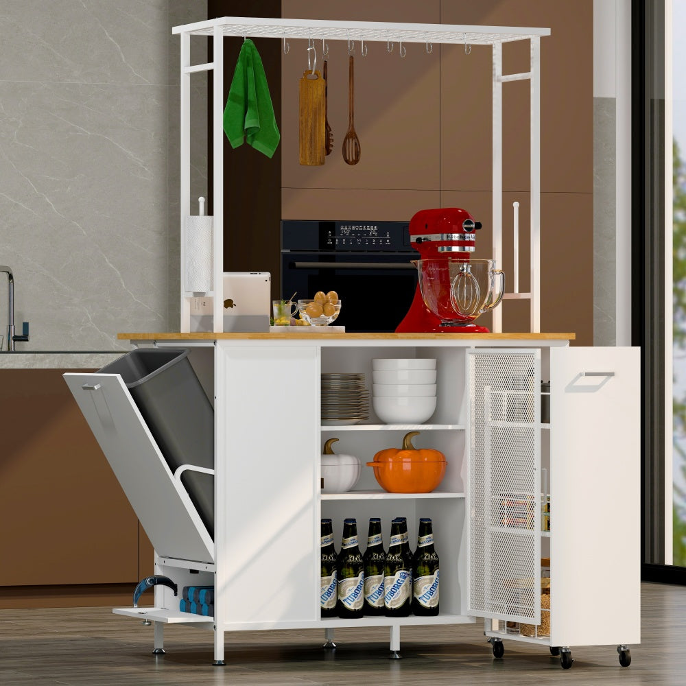 Mobile Kitchen Island with Drop-Leaf, Coffee Station & Hidden Trash Cabinet - TimberFlare