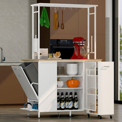 Mobile Kitchen Island with Drop-Leaf, Coffee Station & Hidden Trash Cabinet - TimberFlare