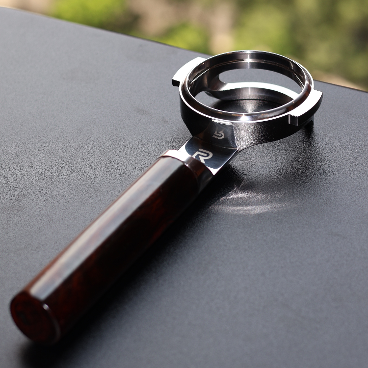 Bespoke hardwood bottomless portafilter detail
