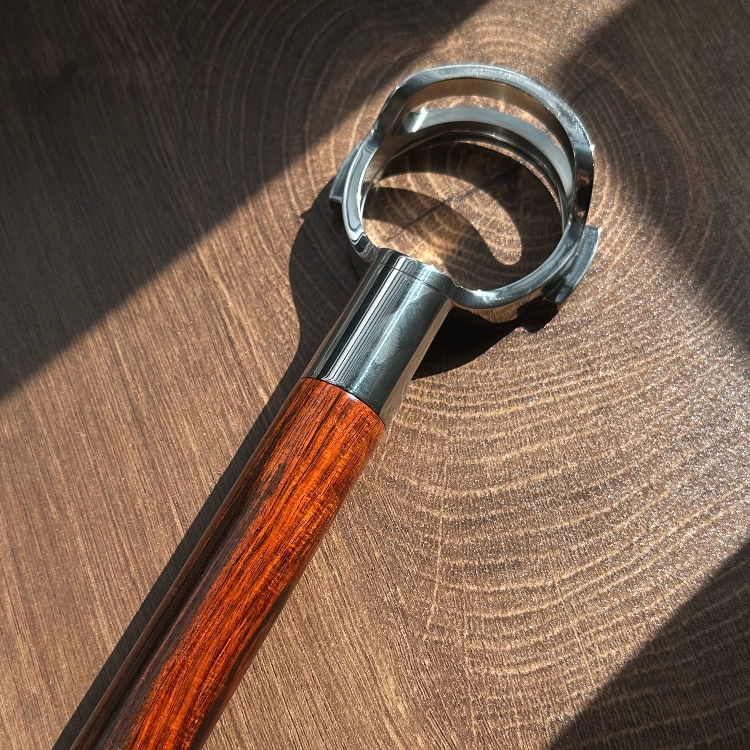 Bespoke hardwood bottomless portafilter detail