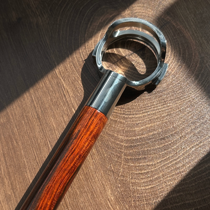 Bespoke hardwood bottomless portafilter detail