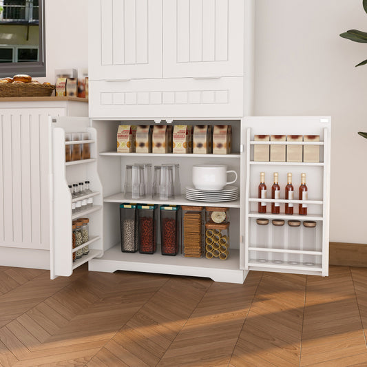 White Farmhouse Pantry Cabinet with Door Racks &amp; Drawer - TimberFlare