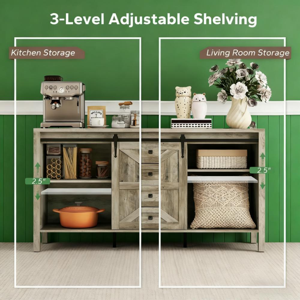 59" Gray Wash Farmhouse Sideboard & Coffee Bar - TimberFlare