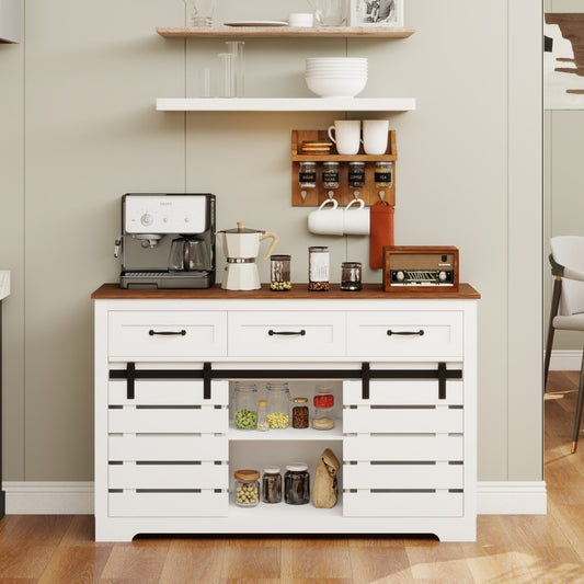 Farmhouse Bar Cabinet with Sliding Barn Doors & Coffee Station Storage - TimberFlare