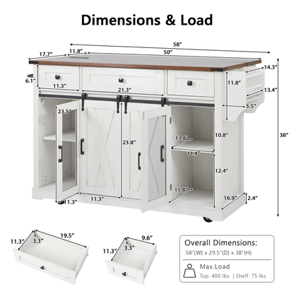 58-Inch Farmhouse Kitchen Island with Drop Leaf, Power Outlet