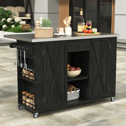 Outdoor Kitchen Island Fir Wood with Stainless Steel Top, Storage & Bottle Opener