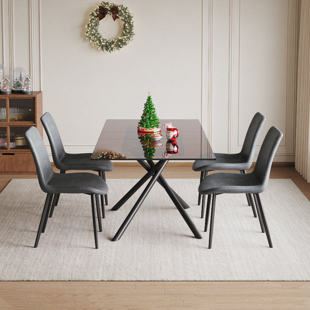 59-Inch Black Glass Top & X-Base Expandable Dining Table Set with 4 Gray Ergonomic Chairs