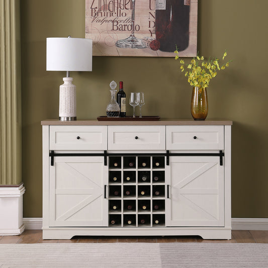 Antique White Farmhouse Bar Cabinet with 20-Bottle Wine Rack & Sliding Doors - TimberFlare