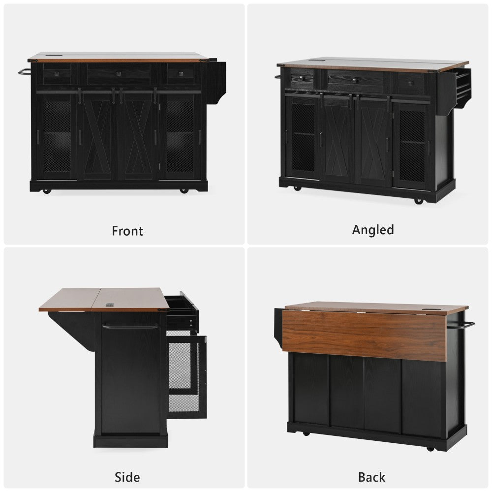 58-Inch Farmhouse Kitchen Island with Drop Leaf, Power Outlet
