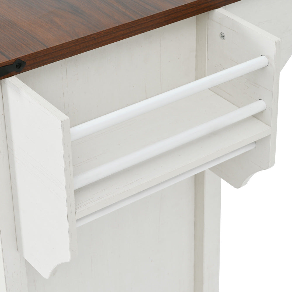 58-Inch Farmhouse Kitchen Island with Drop Leaf, Power Outlet