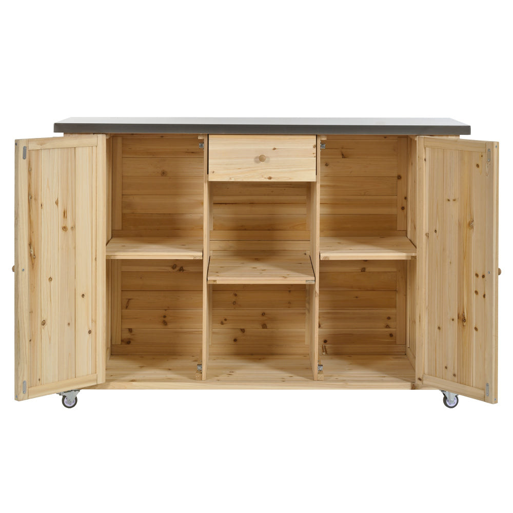 Outdoor Kitchen Island Fir Wood with Stainless Steel Top, Storage & Bottle Opener