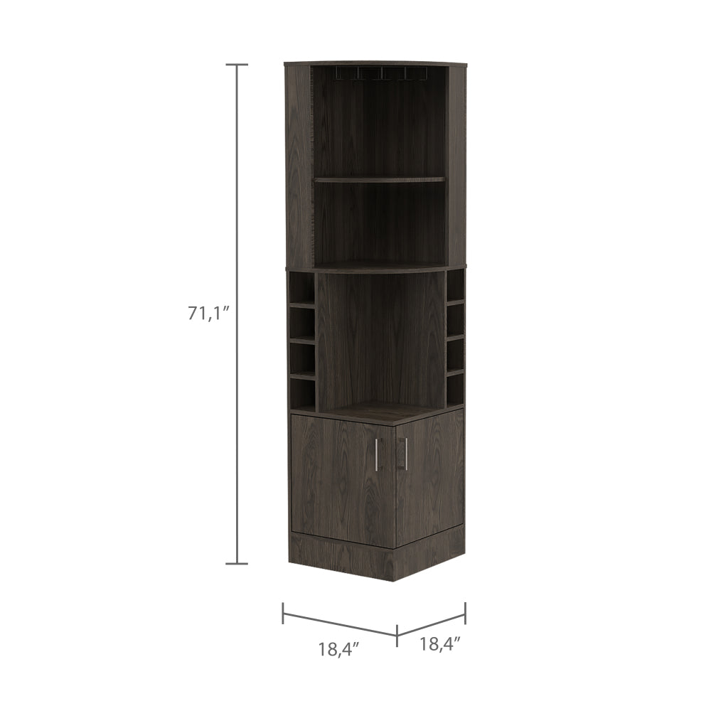 Wenge Tall Corner Bar Cabinet with Wine Cubbies & Glass Rack - TimberFlare