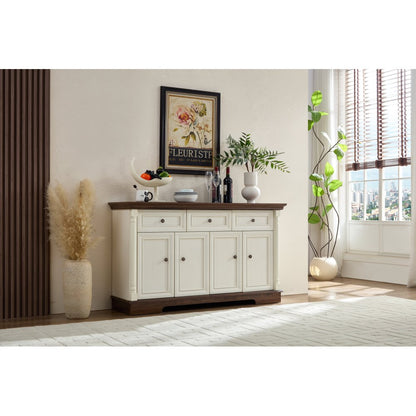 55″ Farmhouse Sideboard with Roman Column Detail, White & Walnut - TimberFlare