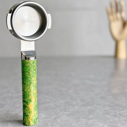 The 'Venom Flora' Artisan Bottomless Portafilter wood, resin, or metal material detail close-up