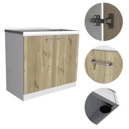 White & Oak Coffee Bar Cabinet with Sink & Stainless Steel Top - TimberFlare