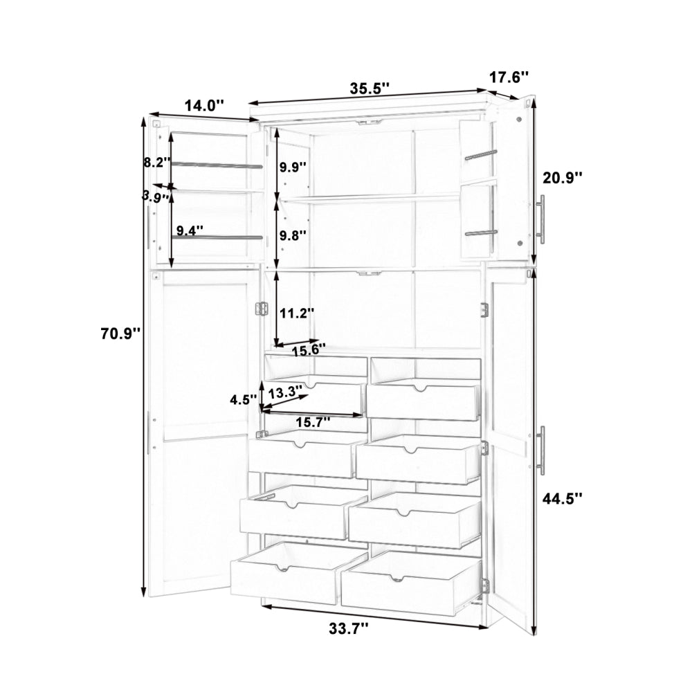 71″ Farmhouse Kitchen Pantry with 8 Pull-Out Trays - TimberFlare