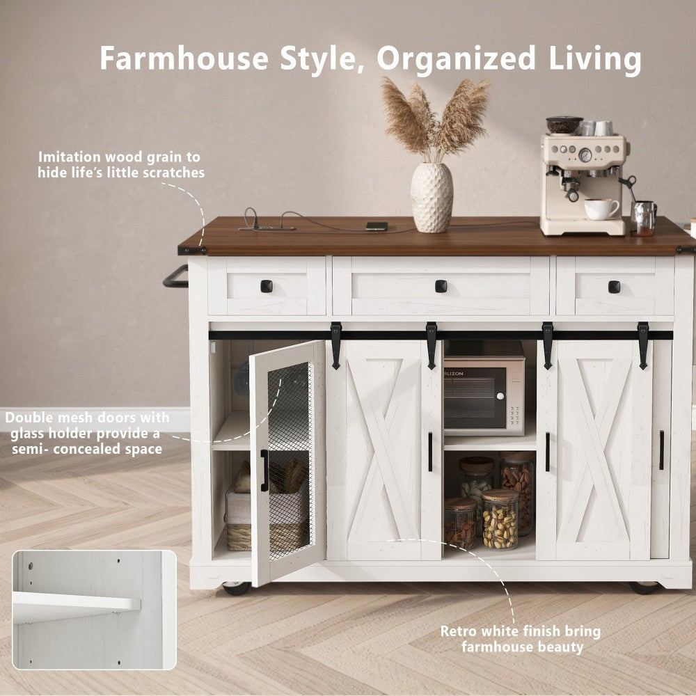 58-Inch Farmhouse Kitchen Island with Drop Leaf, Power Outlet
