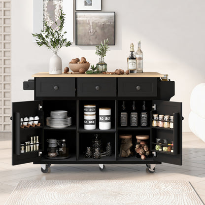 53.1″ Rolling Kitchen Island with Rubberwood Drop-Leaf Countertop - TimberFlare