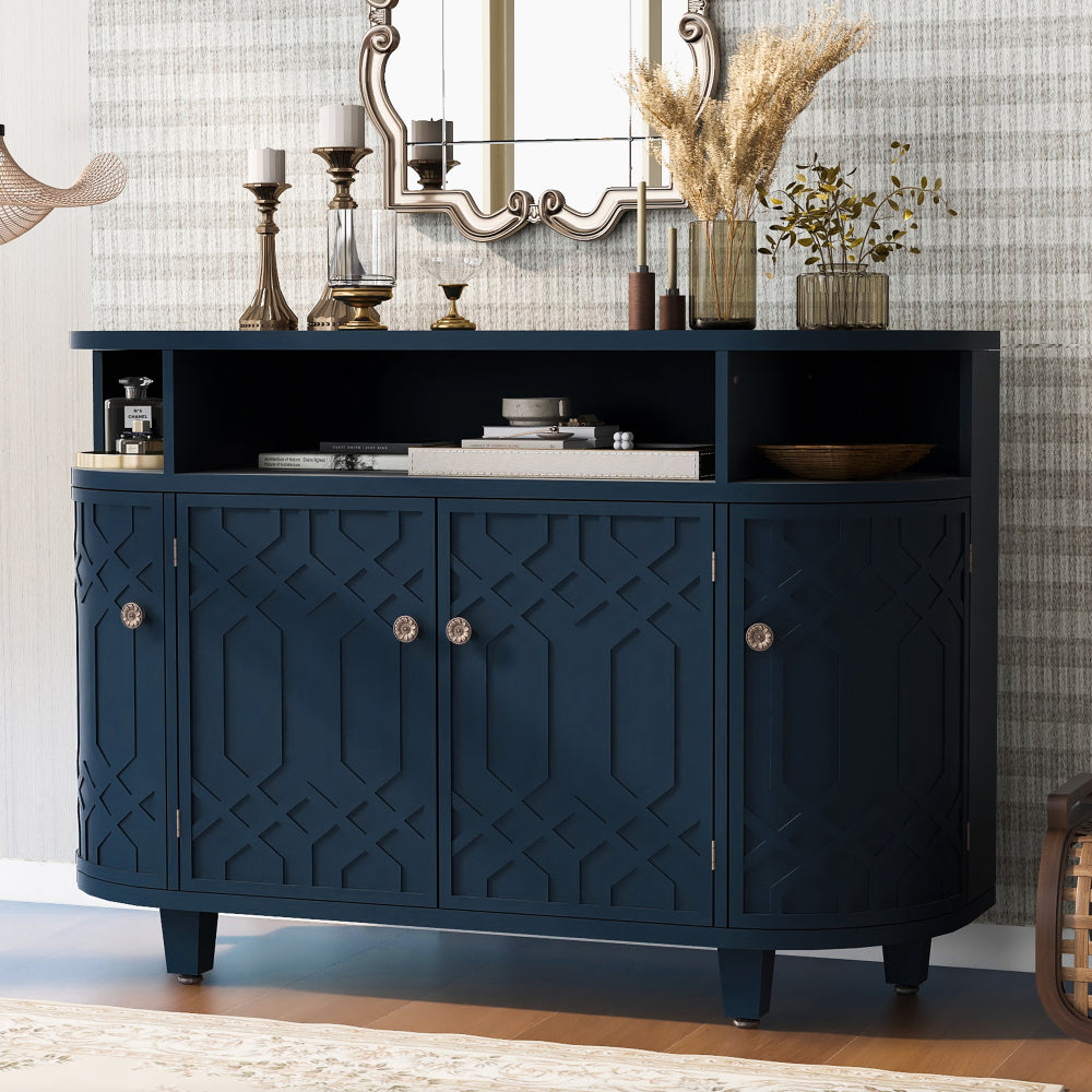 Art Deco Sideboard Cabinet with Curved Silhouette & Open Display Shelves - TimberFlare